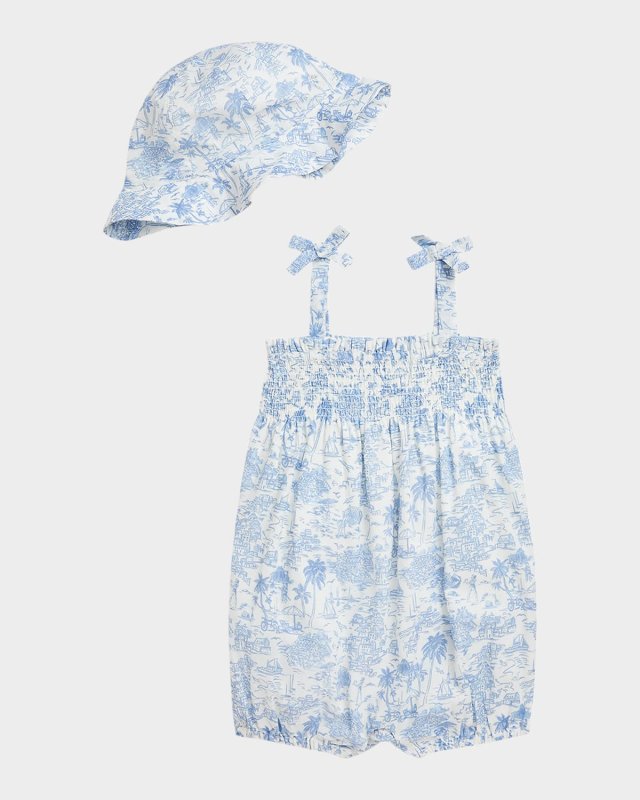 Girl's Printed Bubble Romper W/ Hat Set, Size 3M-24